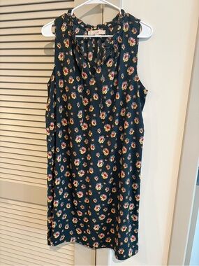 LOFT Dark Green Floral Sleeveless Tie-Neck Shift Dress * Sz. Large - no belt